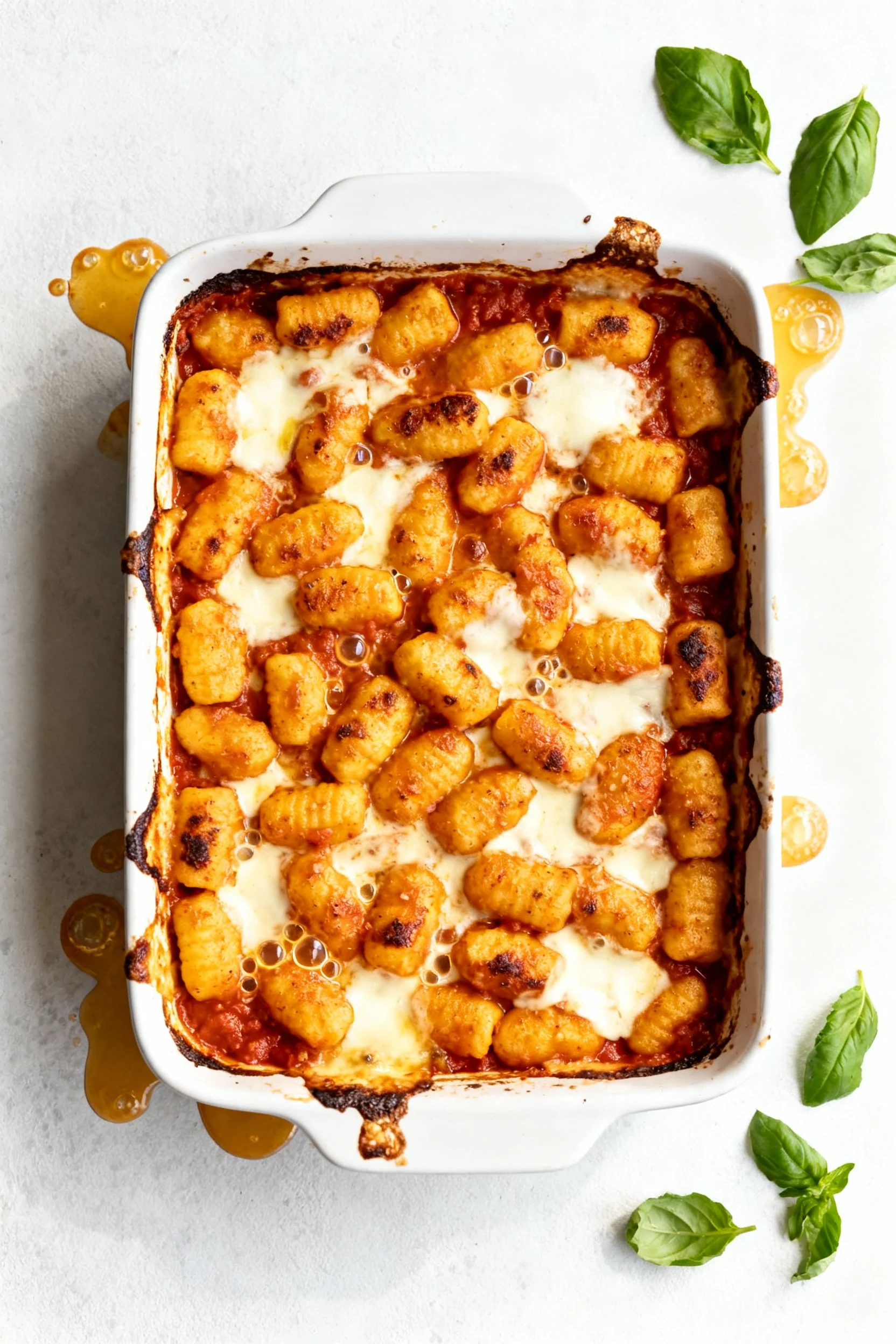 Overhead shot of a 9x13 baking dish just out of the oven: saucy, evenly coated gnocchi with mozzarella melted and browne