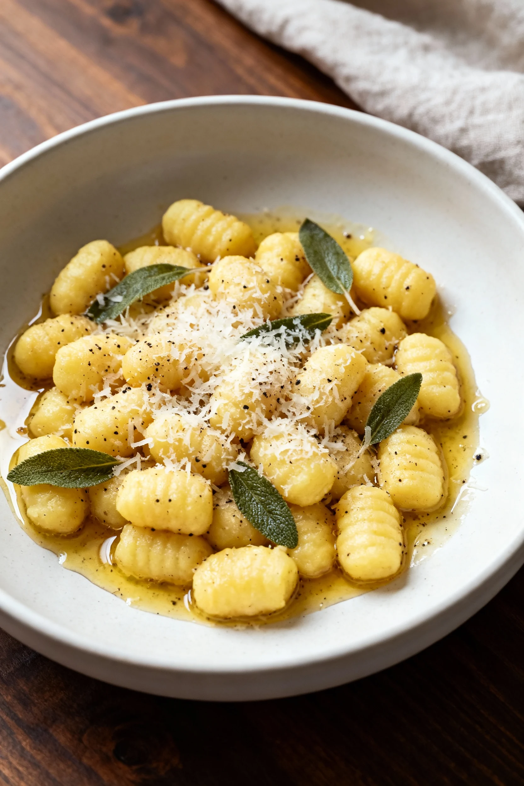 Overhead shot of the final dish: pillowy potato gnocchi in sage brown butter, generously showered with finely grated Par