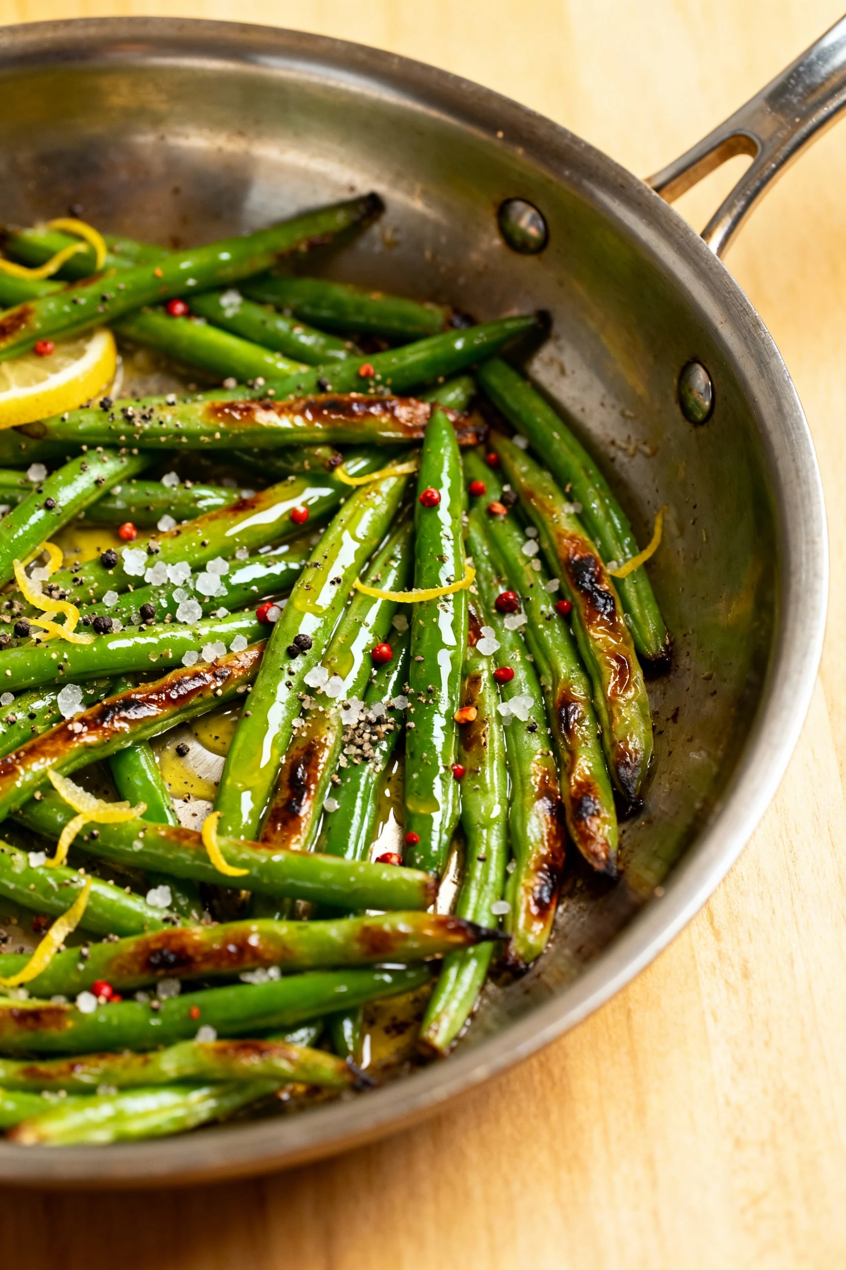 Overhead shot of a steaming skillet of sautéed green beans just after tossing with lemon juice and zest, visible light s