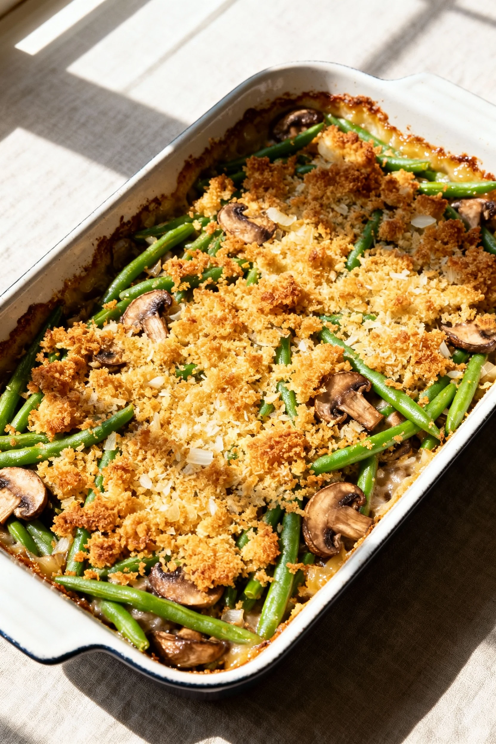 Tasty top view — Overhead shot of green bean casserole just out of the oven: bubbling edges, deeply golden panko–onion–P