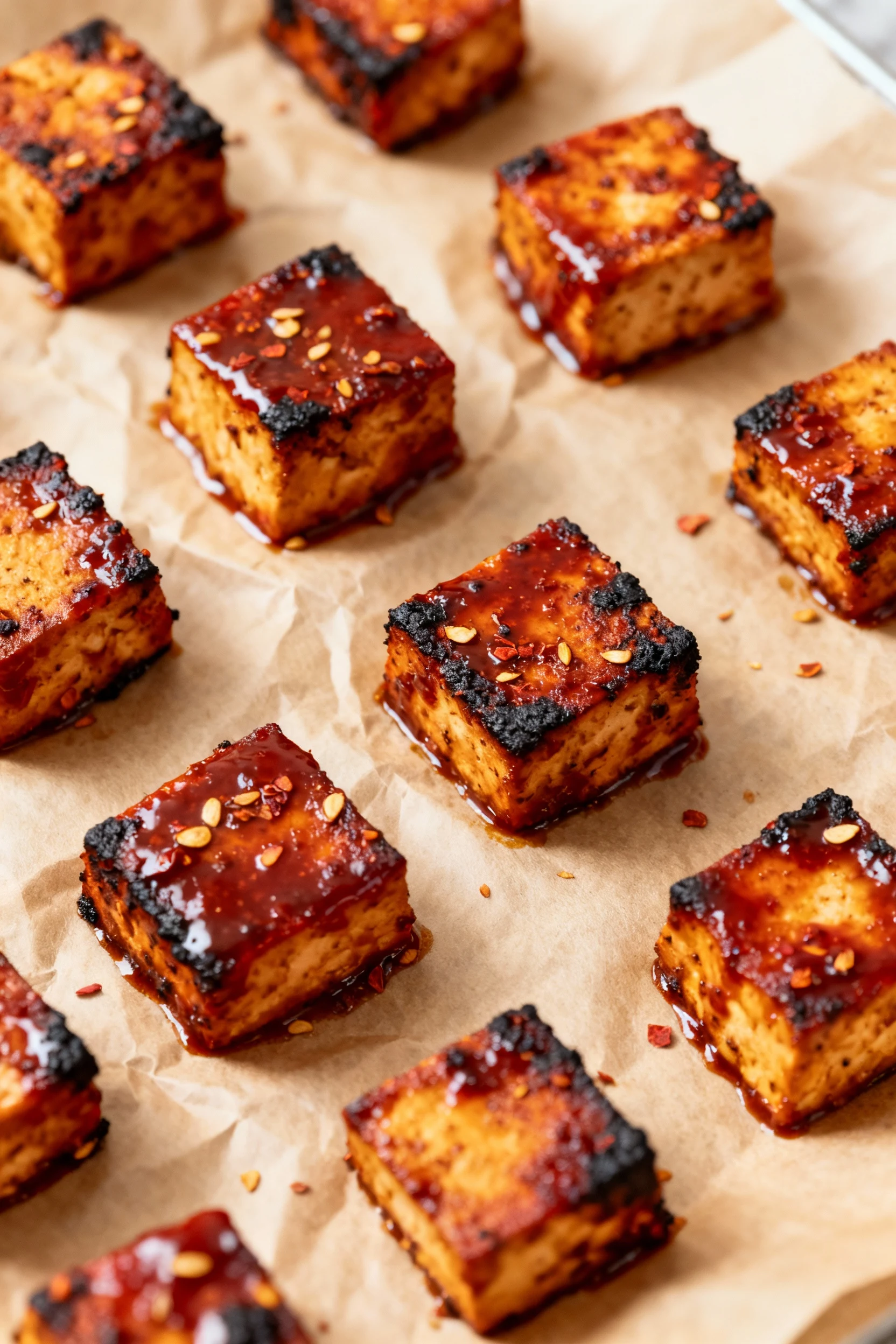 Overhead shot of Smoky Chipotle BBQ baked tofu mid-bake after flipping: evenly spaced cubes on parchment, deep red-brown