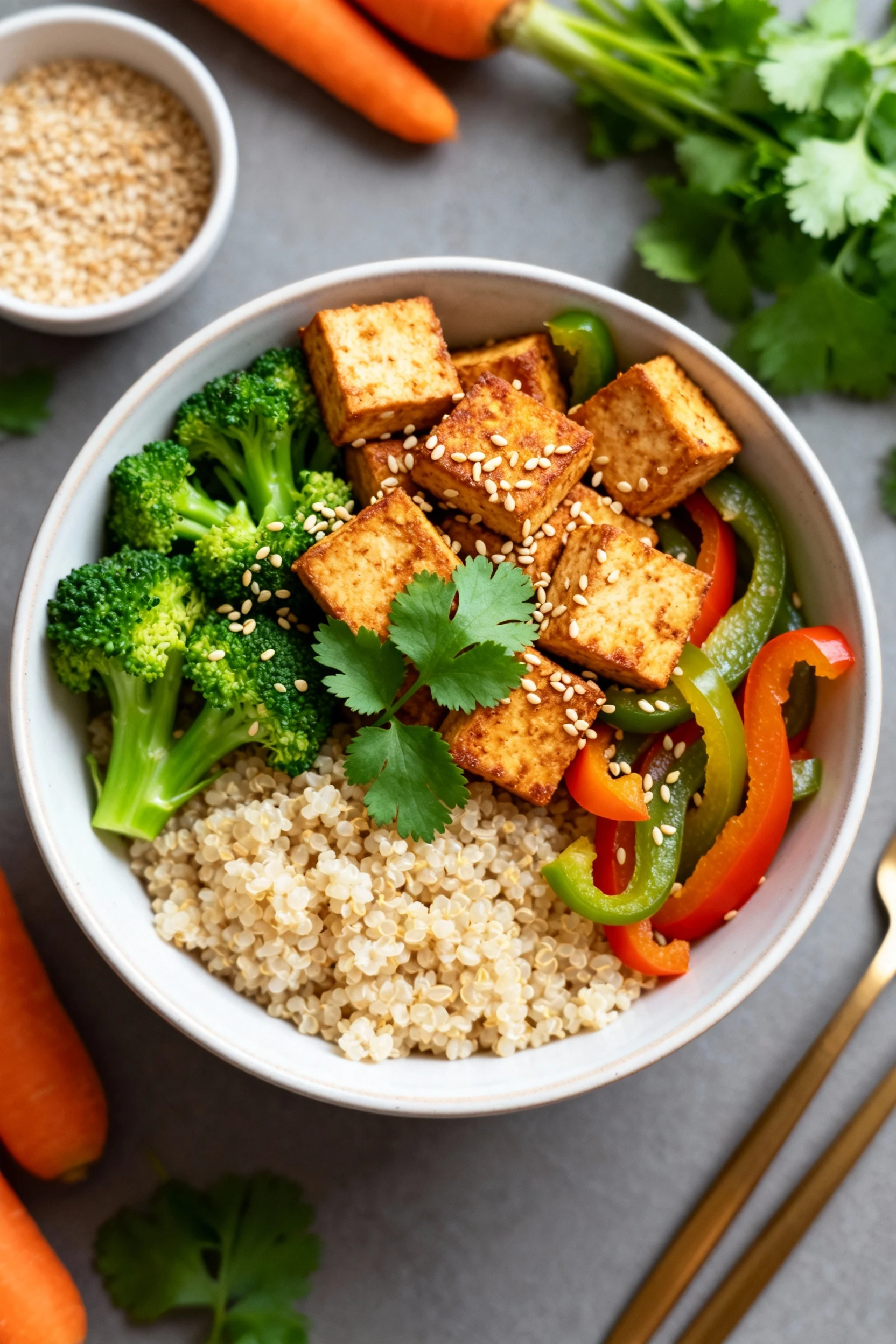 Overhead shot of a high-protein tofu bowl assembled with a base of fluffy quinoa, vibrant steamed broccoli, sautéed bell
