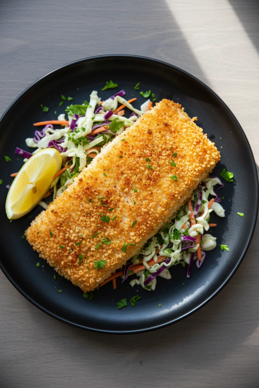 Overhead shot of crispy panko-crusted cod over lime-yogurt slaw, ultra-golden breadcrumb crust with paprika flecks, lemo