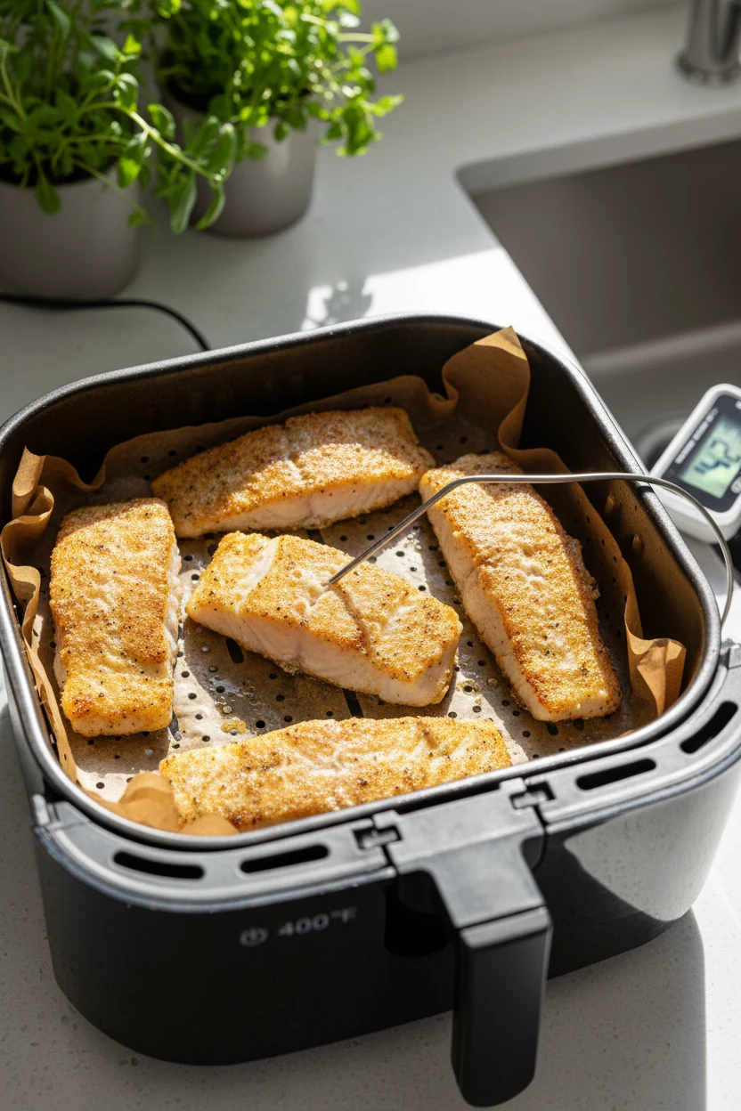 Cooking process: cod fillets in an open air-fryer basket at 400°F, evenly spaced on perforated parchment, light oil shee