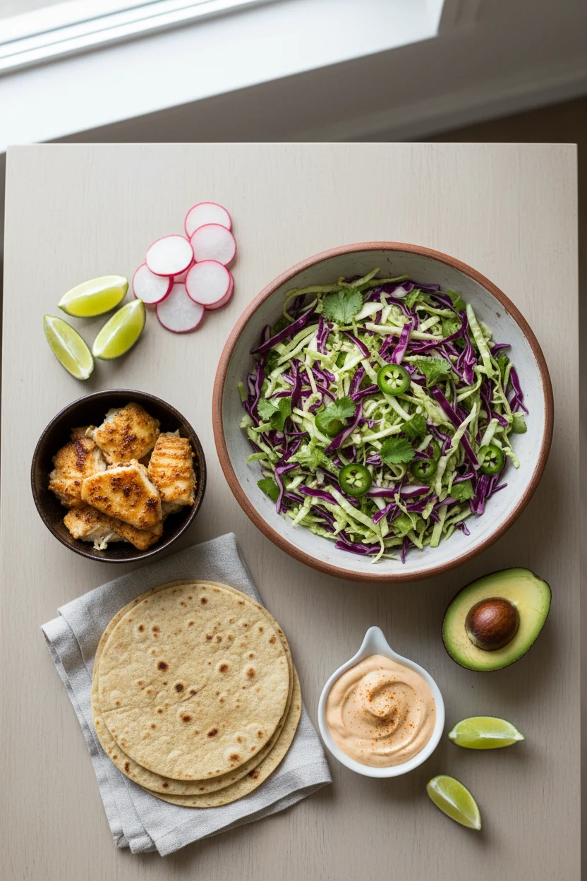 Overhead shot of a build-your-own fish taco spread: warm lightly charred corn tortillas, a bowl of bright cabbage–cilant