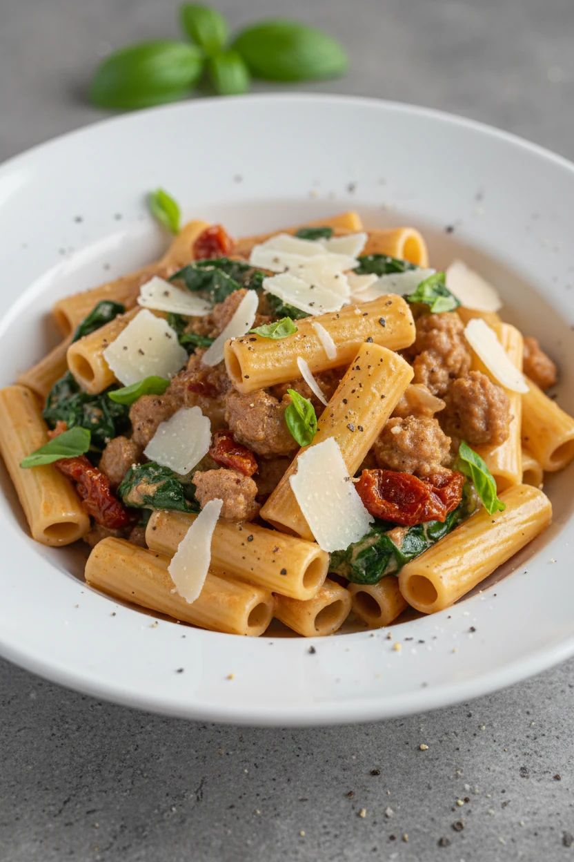 Final dish — Creamy Tuscan Sausage Pasta: rigatoni cloaked in silky cream sauce with crumbled Italian sausage, sun-dried