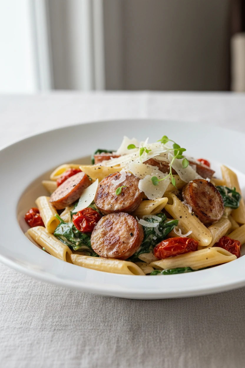 Beautifully plated Creamy Tuscan Sausage Pasta—penne cloaked in silky cream with Parmesan, sun-dried tomatoes, wilted sp