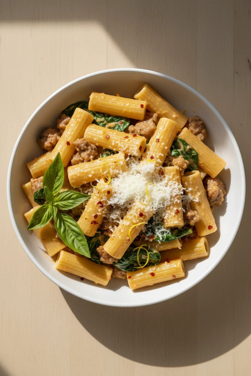 2. Overhead shot of creamy sausage rigatoni: glossy sauce clinging to ridges, flecks of red pepper, wilted spinach, lemo