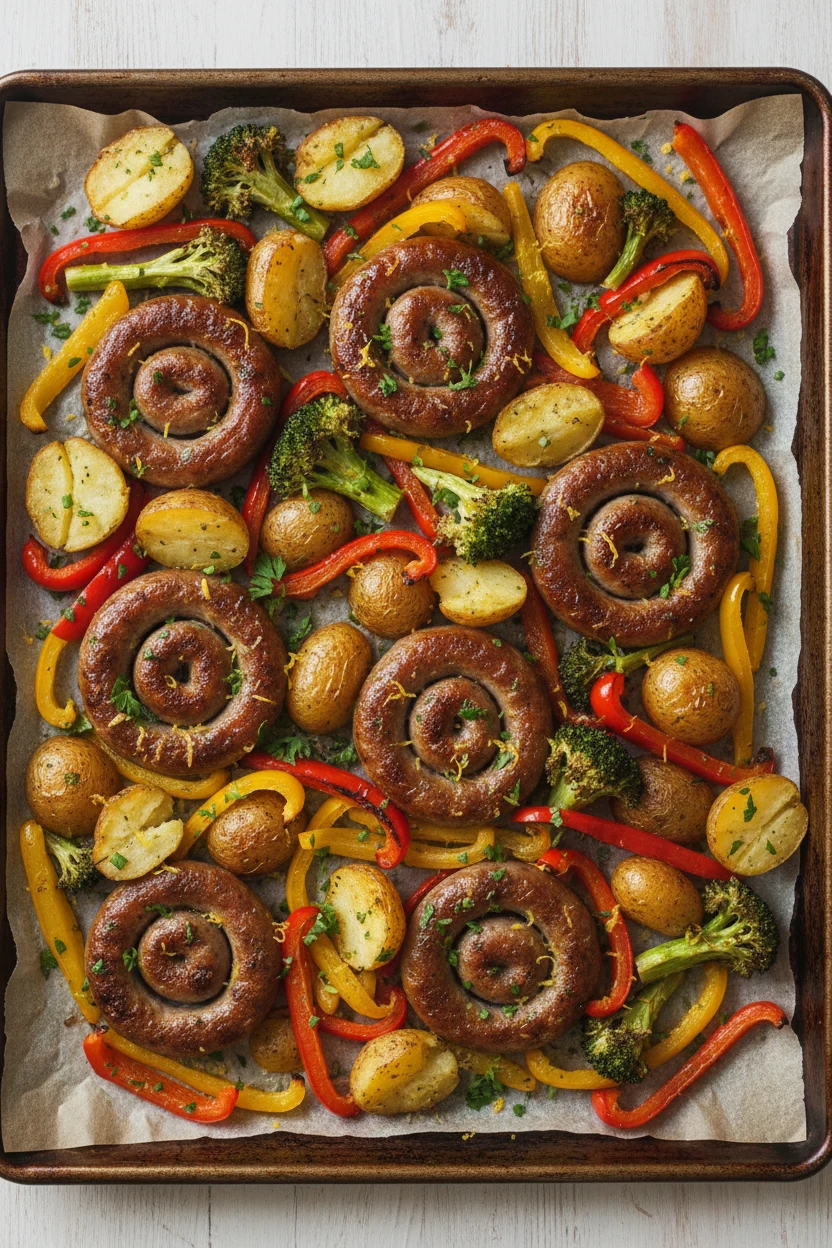 Overhead shot of the roasted sheet pan: golden baby potatoes, charred red and yellow pepper strips, roasted broccoli flo