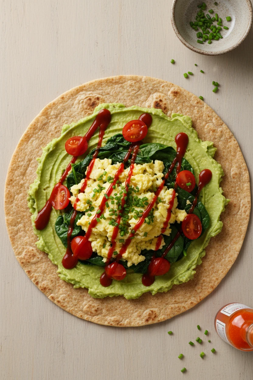 2. Tasty top view: overhead shot of a warm whole-grain tortilla spread with creamy avocado, piled with the cooked egg–sp