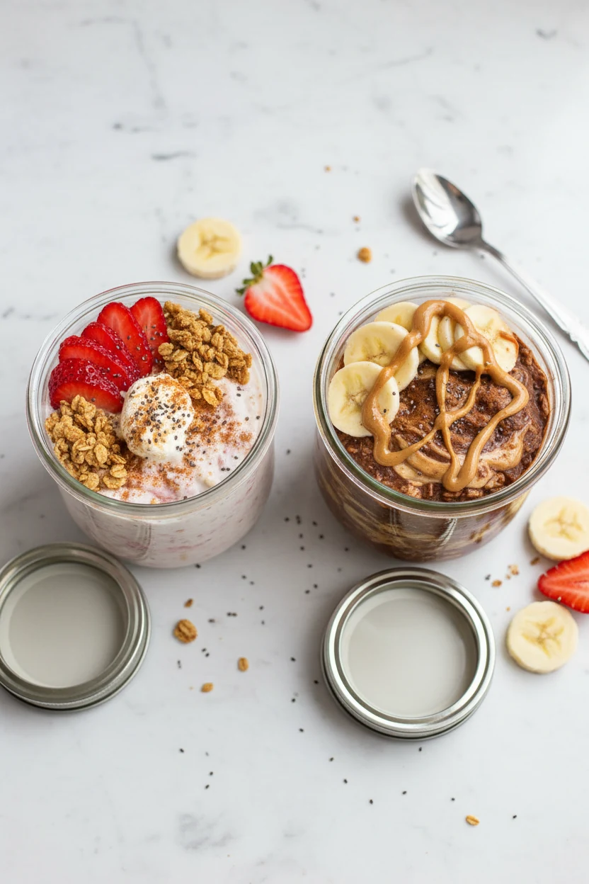 Tasty top view: Overhead shot of two prepared overnight oats jars — Strawberry Cheesecake Oats topped with strawberry sl