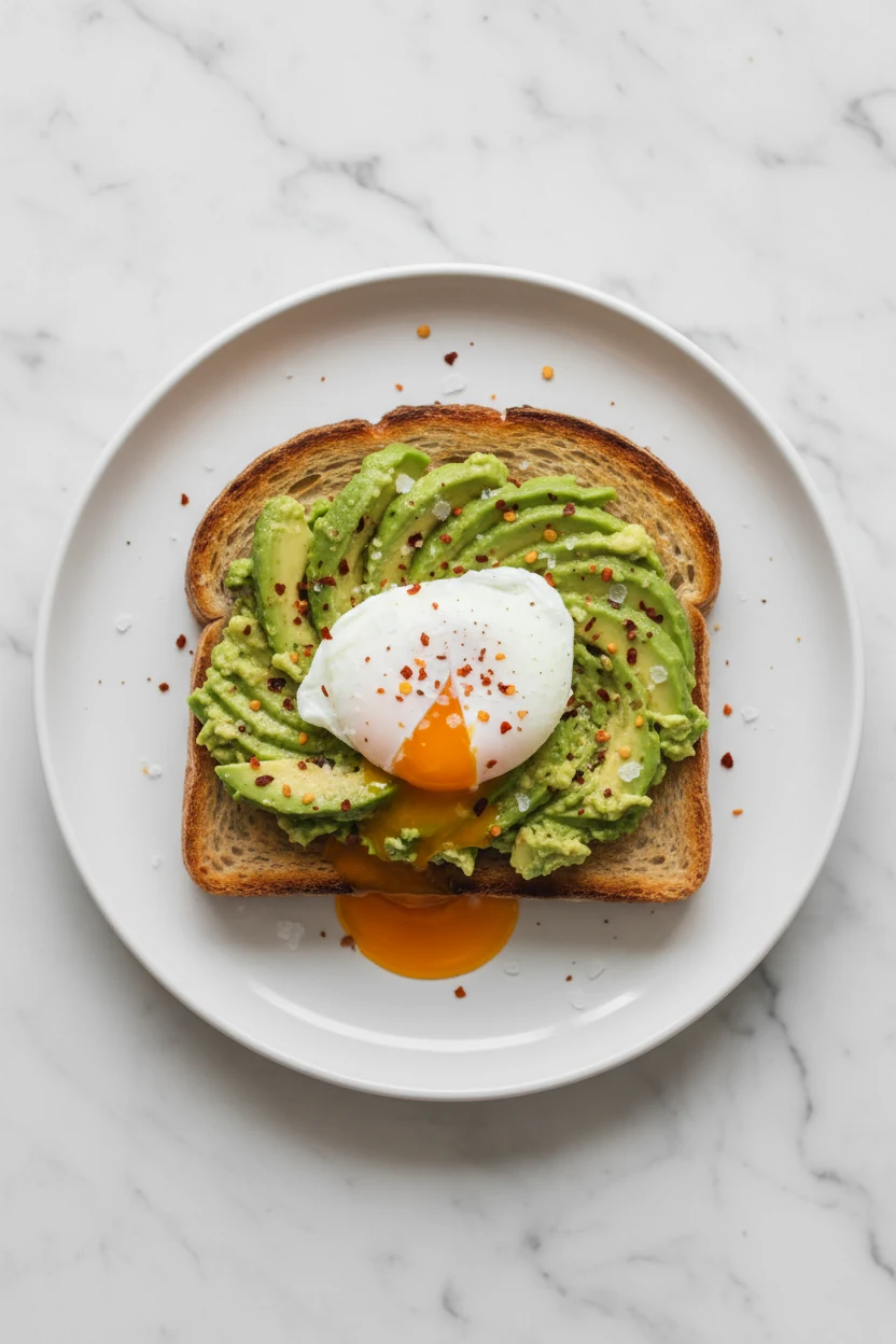 Overhead shot of avocado egg toast: crunchy toasted sourdough with smashed avocado ridges, poached egg with glossy runny