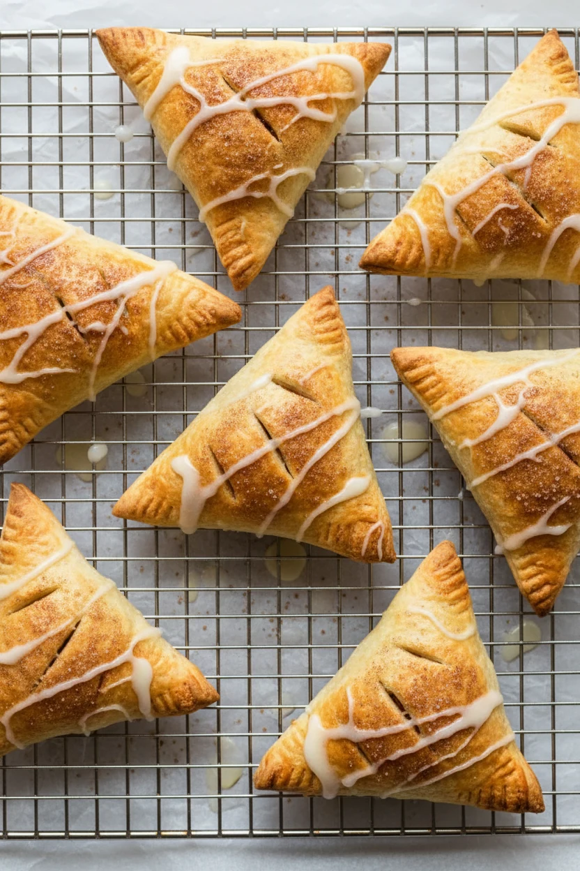 2. Overhead shot of Apple Cinnamon Turnovers—triangular pastries with tiny vent slits, burnished edges, cinnamon-sugar s