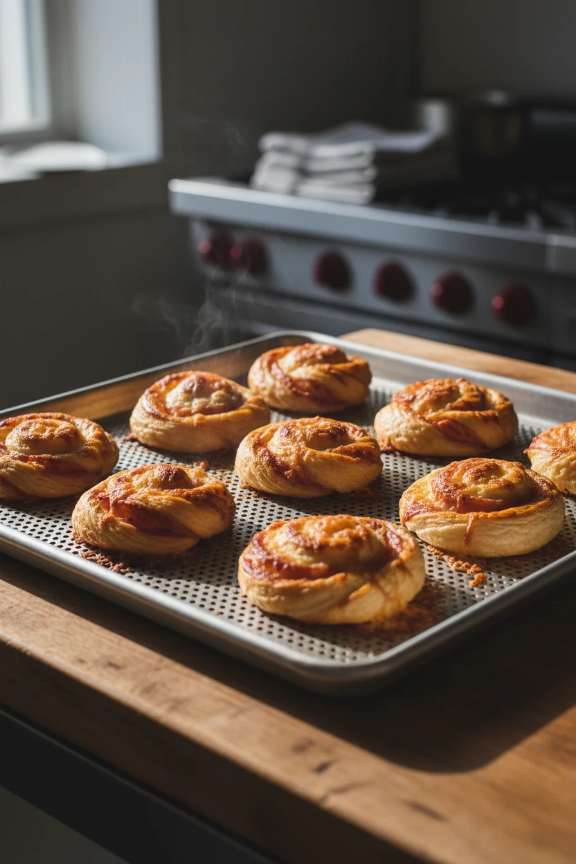 Cooking process: ham-and-Gruyère puff pastry twists just out of the oven on a metal sheet, spiraled layers deeply golden
