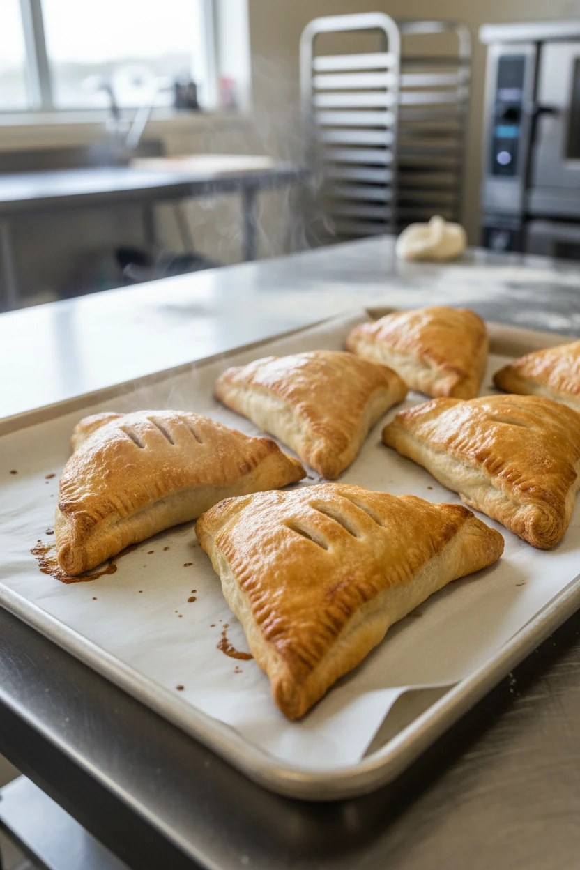 3. Apple turnovers cooking process: just out of a 400°F oven on parchment-lined sheet, deeply golden triangles with fork