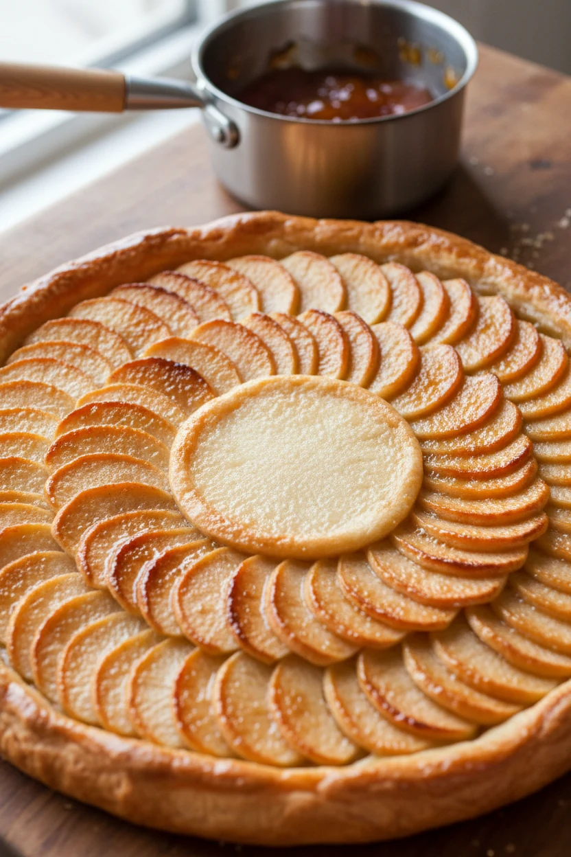 45-degree process shot of the cooked tart just after glazing: glossy apples with a flat, docked center framed by a risen