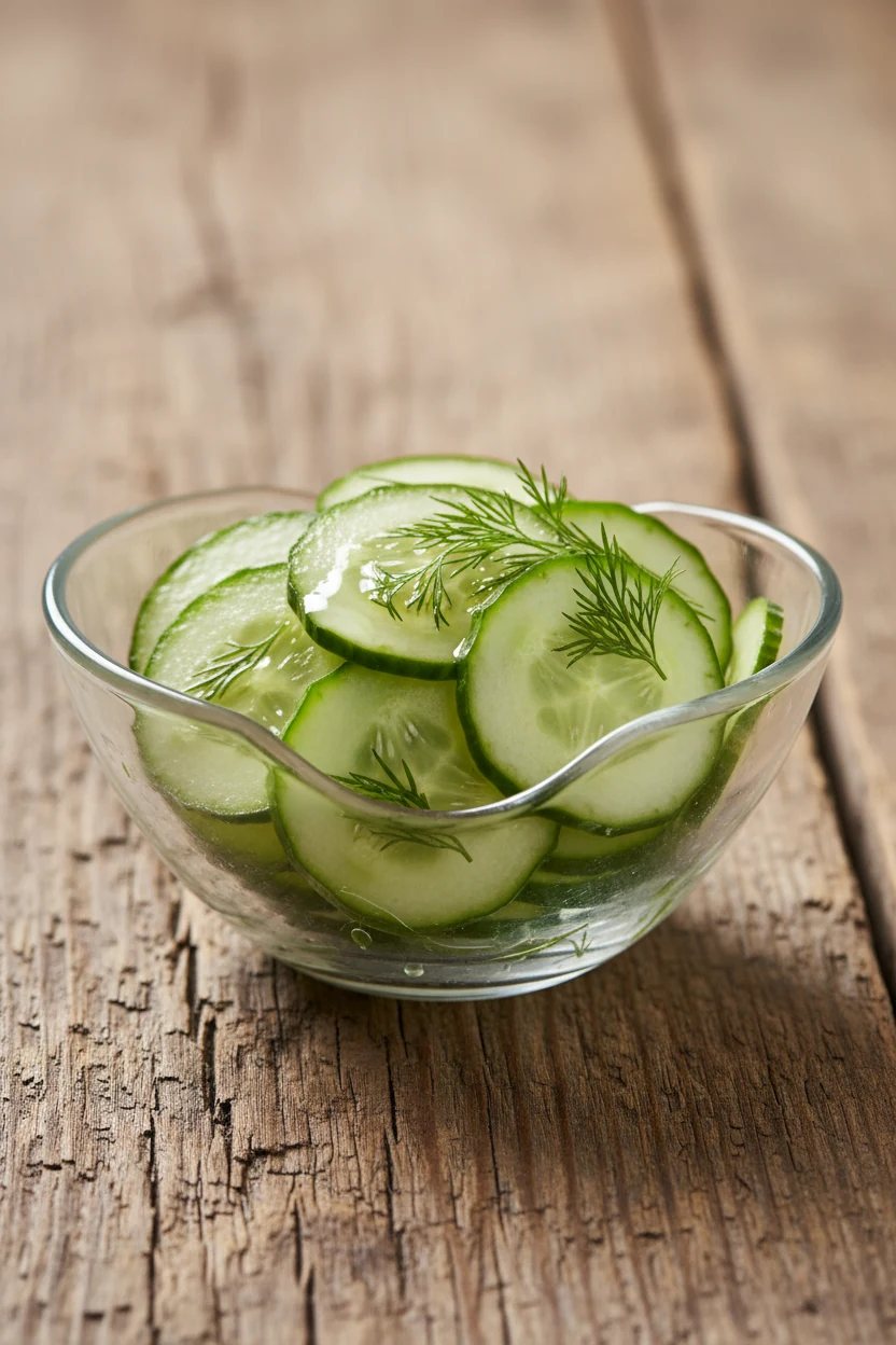 Beautifully plated small serving bowl of quick pickled cucumber rounds arranged neatly with dill garnish and a light dri