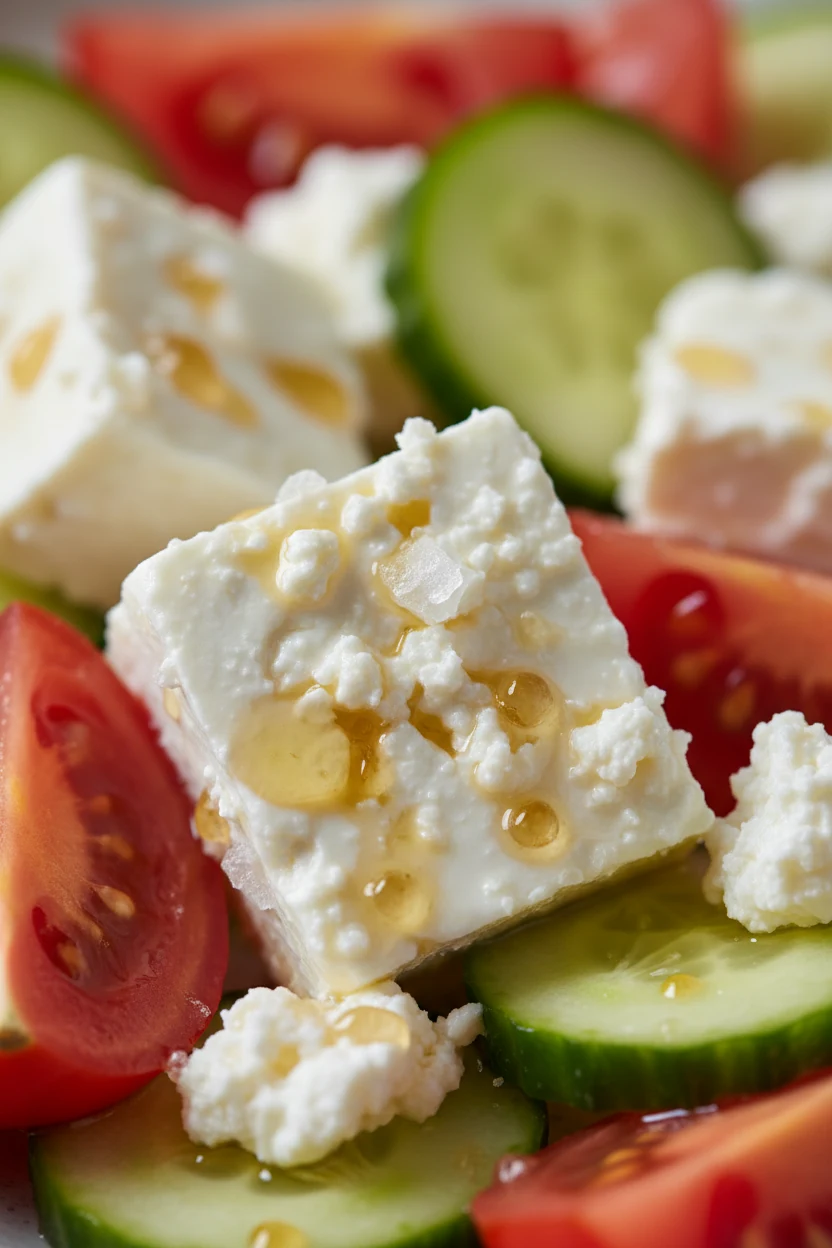 Macro detail of feta crumbles nestled among juicy tomato halves and cucumber slices, tiny droplets of vinaigrette clingi