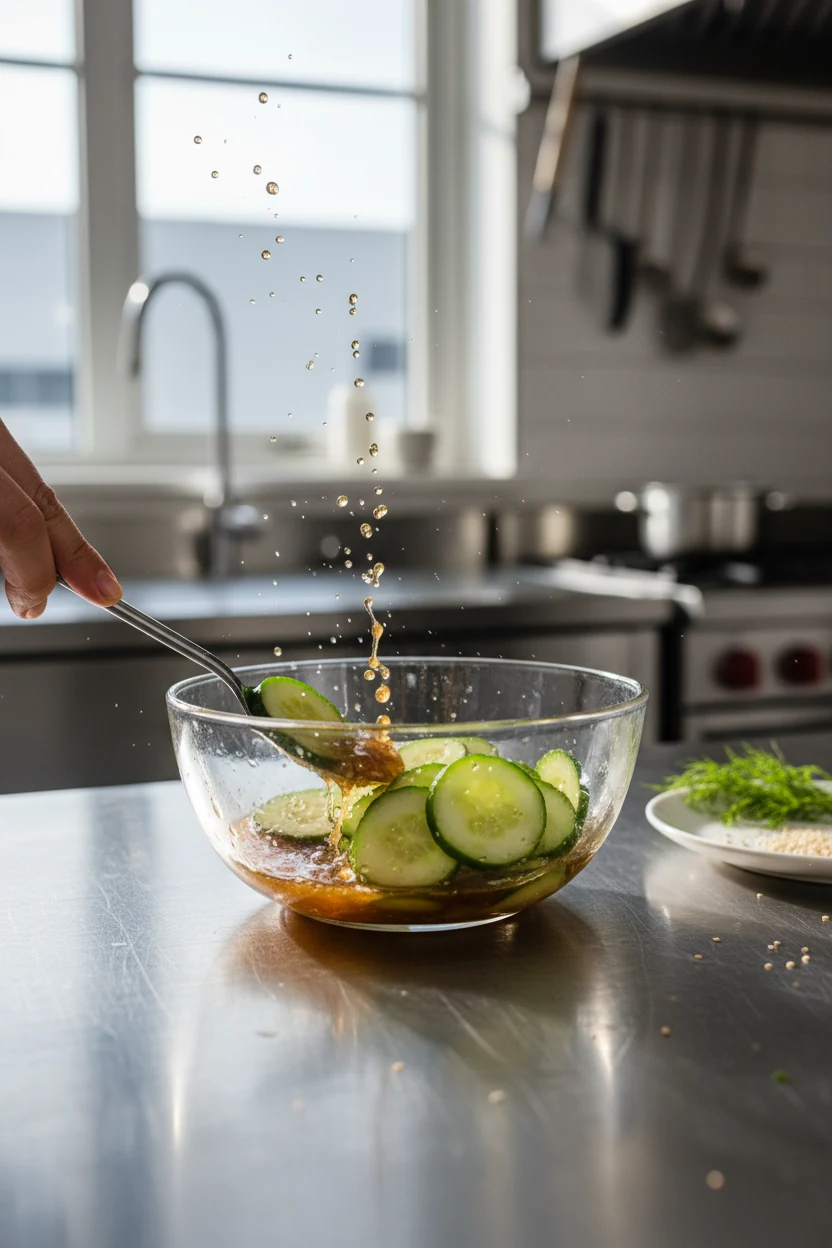 Step-by-step cooking process shot of cucumber slices being tossed in vinegar-sugar-soy dressing inside a small glass mix