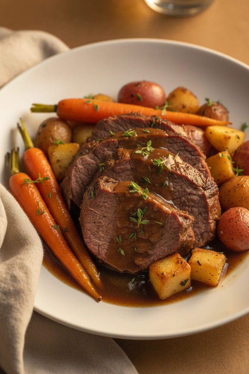 Plated serving of chuck roast with vegetables on a matte white plate, garnished with fresh thyme sprigs, drizzled with g