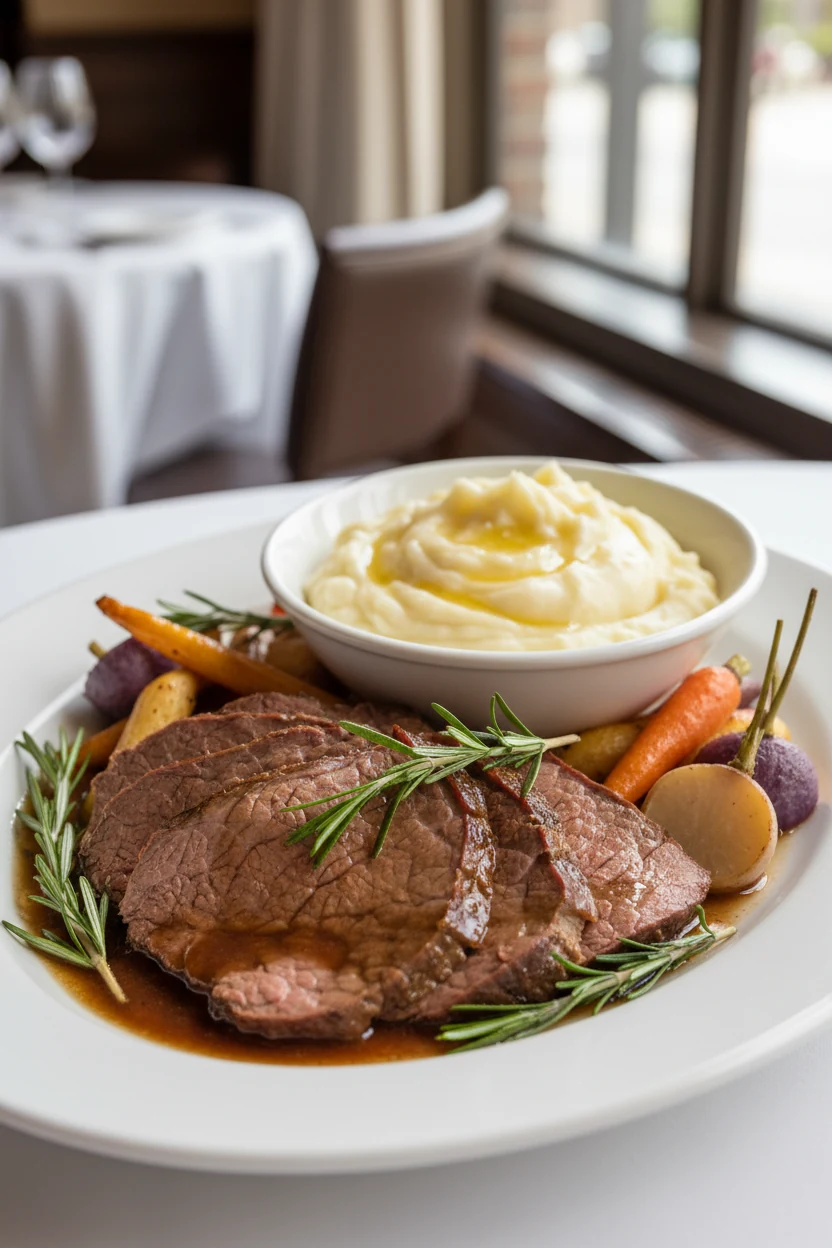 Beautifully plated slices of fall-apart chuck roast on a large white platter, topped with glossy pan juices, garnished w