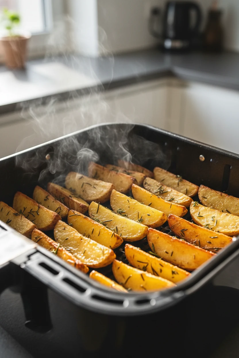 Air fryer basket opened mid-cook showing evenly spaced potato wedges turning perfectly golden, a light sheen of olive oi