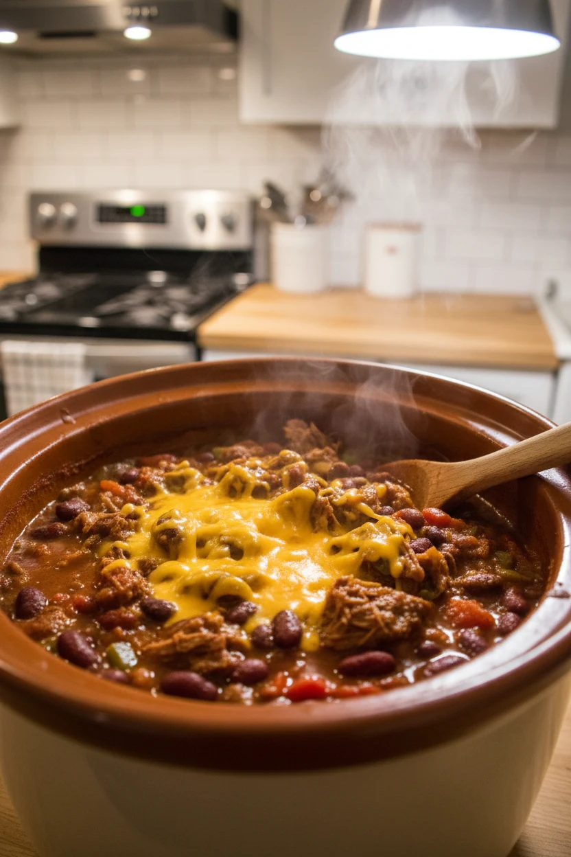 Mid-cook scene of bubbling crockpot chili showing fully cooked meat surrounded by simmering vegetables and beans, steam 