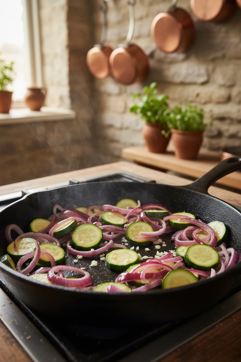 Mid-cooking process shot of sautéed red onion and zucchini in a skillet, flecked with minced garlic and softened just en