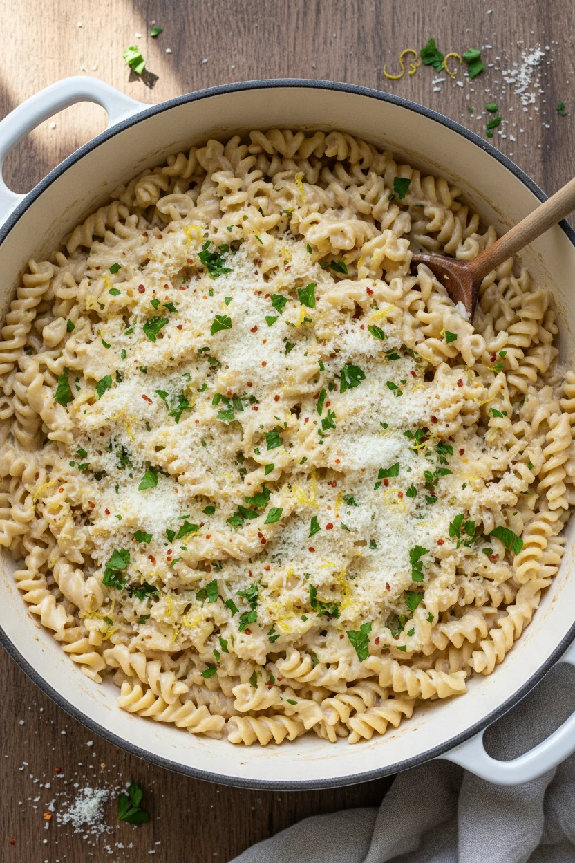 3. Tasty top view: final one-pot rotini in a Dutch oven, creamy sauce evenly coating noodles, finished with extra grated