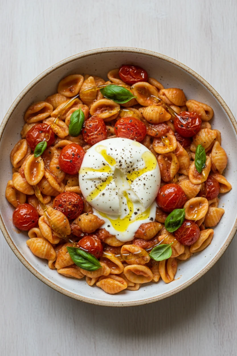 3. Overhead shot of Burst Tomato Basil Burrata Orecchiette: blistered cherry tomatoes, torn basil, olive oil drizzle, cr