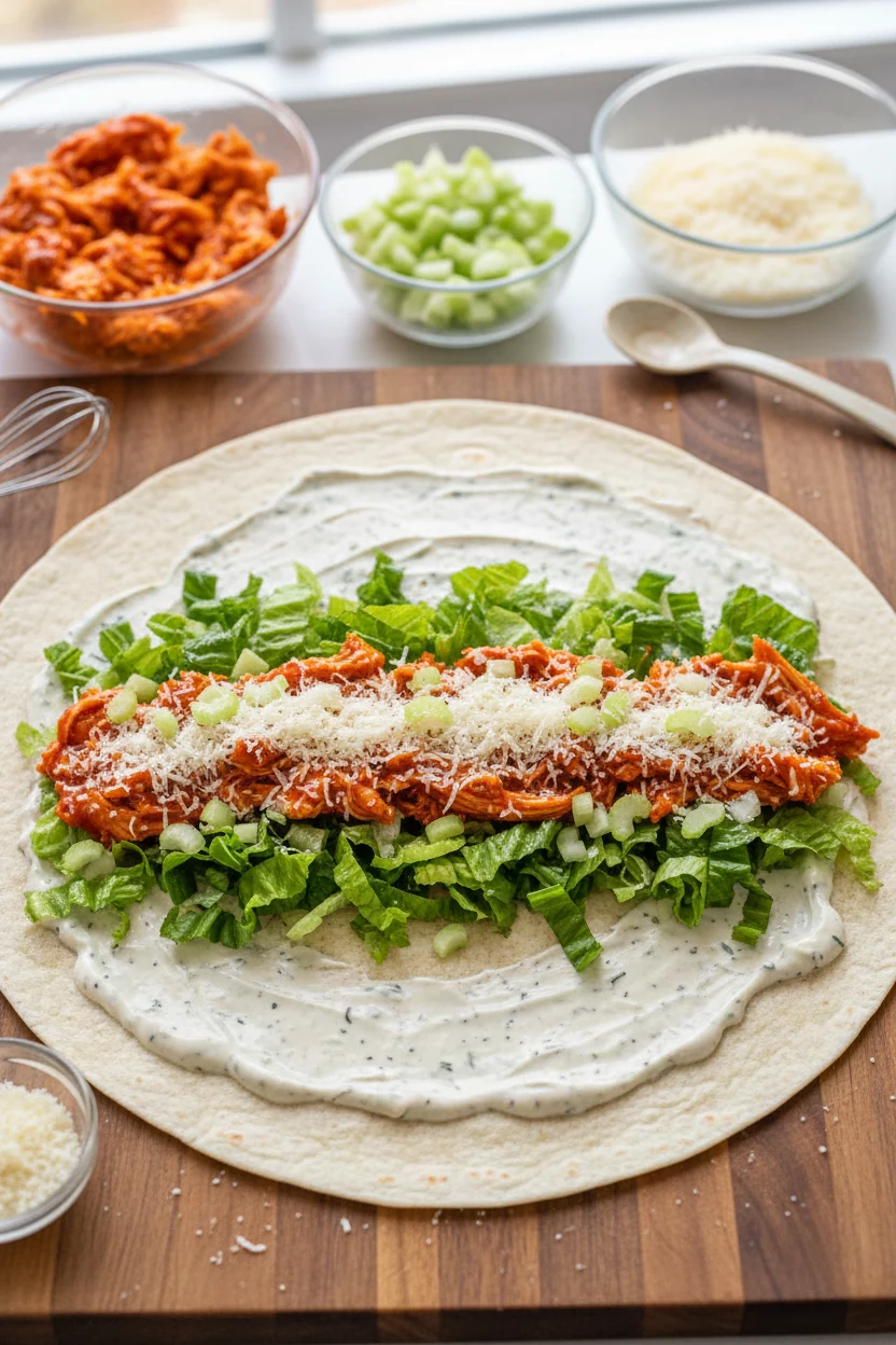 Cooking process: Buffalo Chicken Caesar Wrap being assembled on a board—flour tortilla spread with Greek yogurt Caesar,