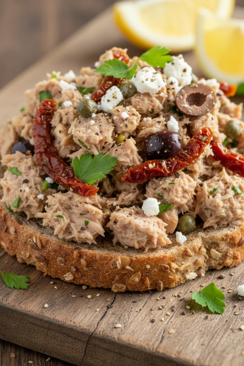 Macro close-up of Mediterranean Olive & Herb tuna salad mounded on grainy whole‑grain toast—glossy olive oil, kalamata o