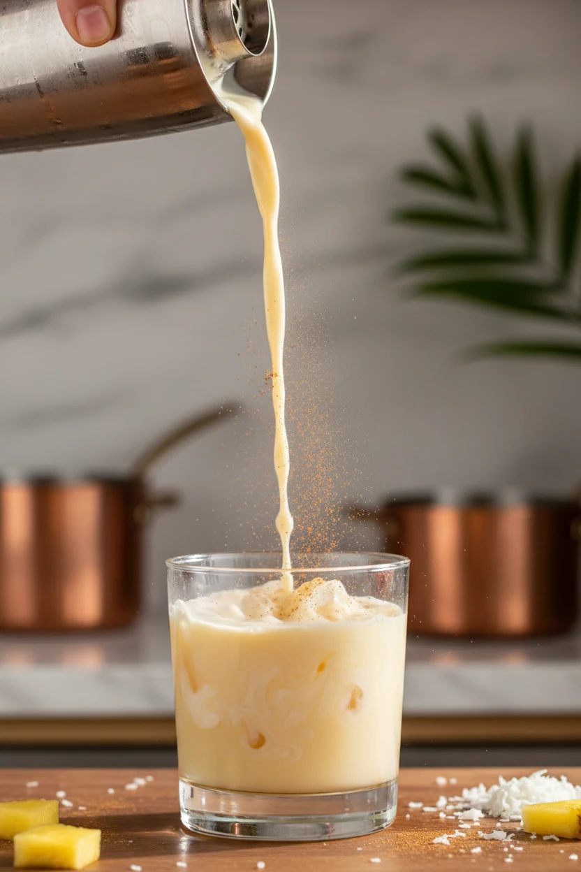 Mid-preparation scene of Pineapple Coconut Chill being poured into a low glass, creamy pale-yellow liquid swirling with 