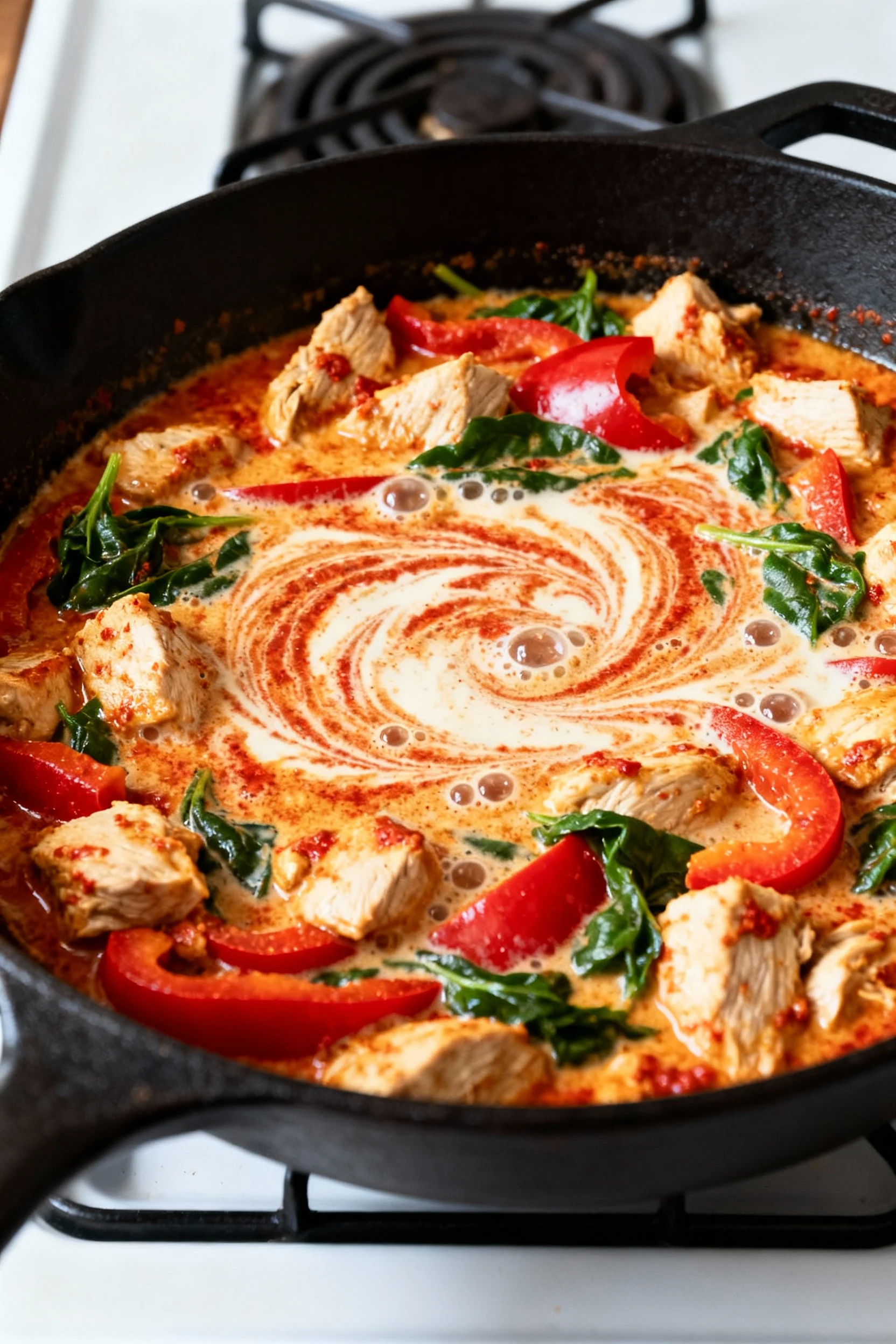 Cooking process: Thai Coconut Turkey Curry simmering in a black skillet, coconut milk swirled with red curry paste, tend
