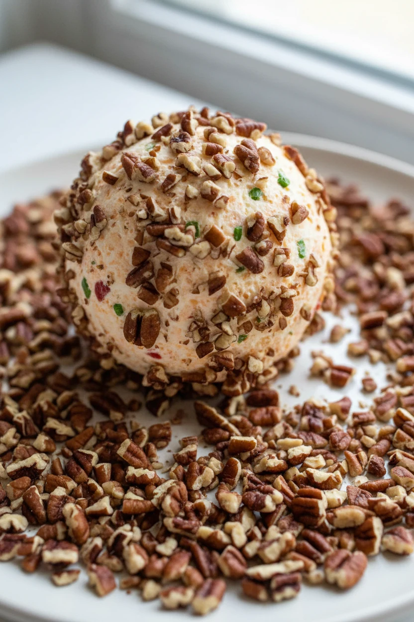 Macro shot of the cheese ball being gently rolled across a plate covered in chopped pecans, capturing the precise coatin