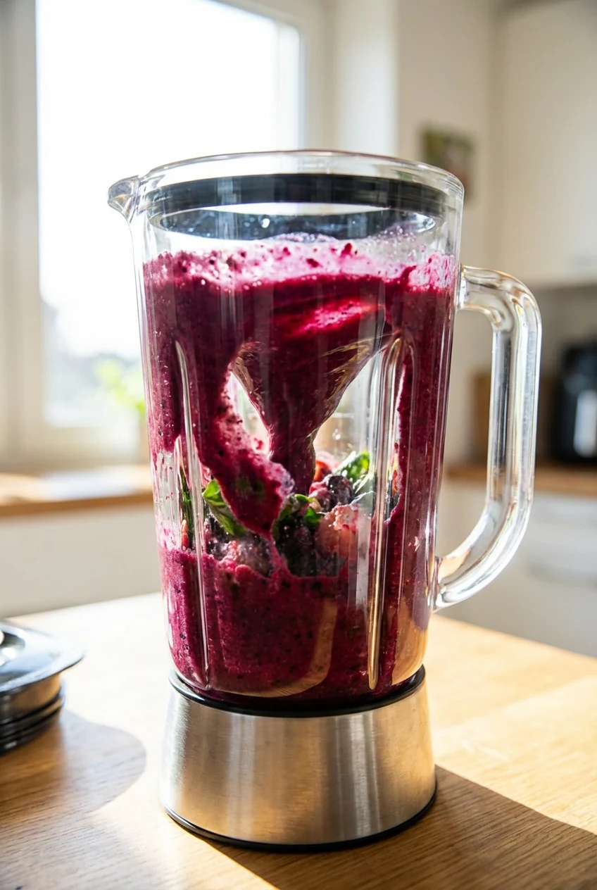 Process shot of the smoothie mixture mid-blend in a high-speed blender, thick and velvety texture forming, ingredients f