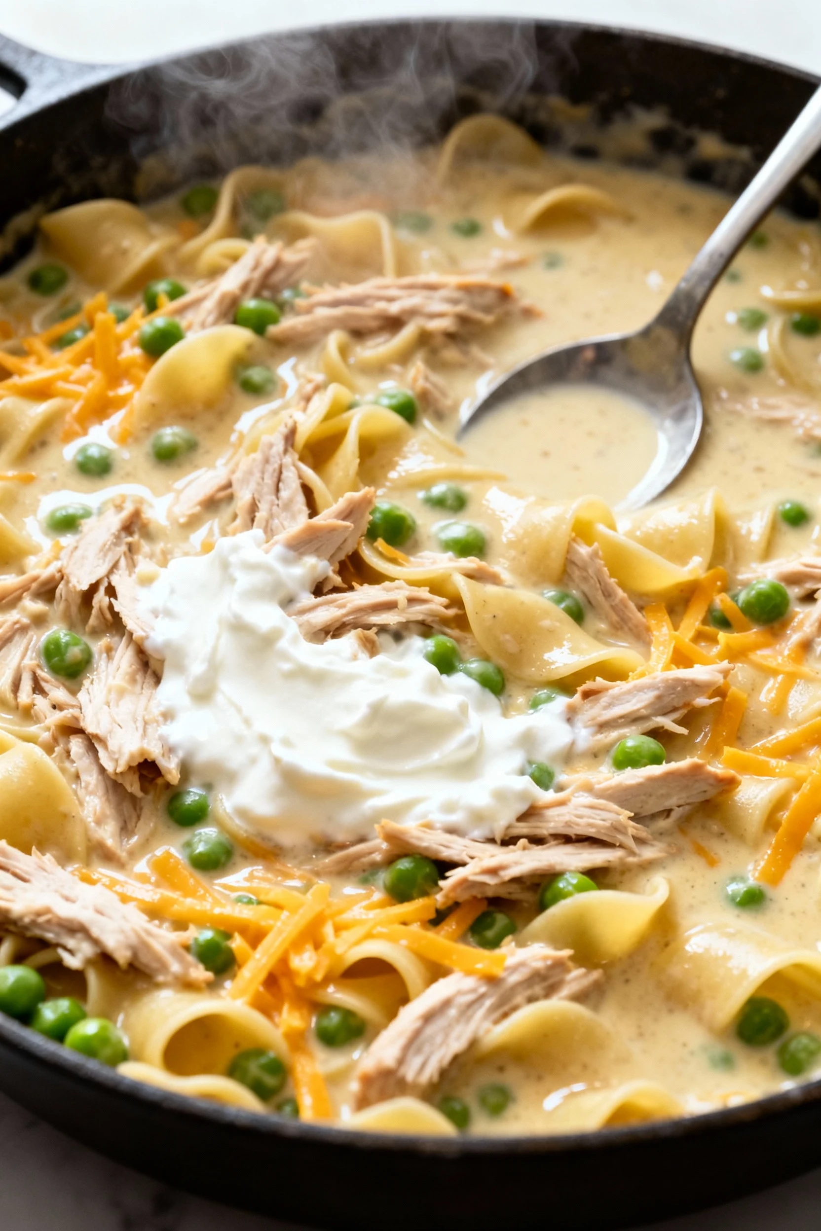 3. Cooking process: silky roux–broth–milk sauce in a large skillet coating shredded turkey, shy-of-al-dente egg noodles,