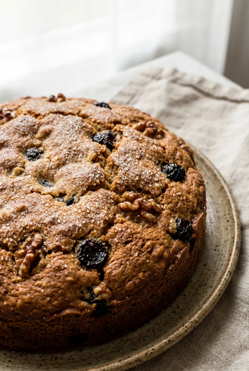 Close-up of cake surface showing baked-in dried cherries and chopped nuts, slightly cracked top for homemade charm, spar