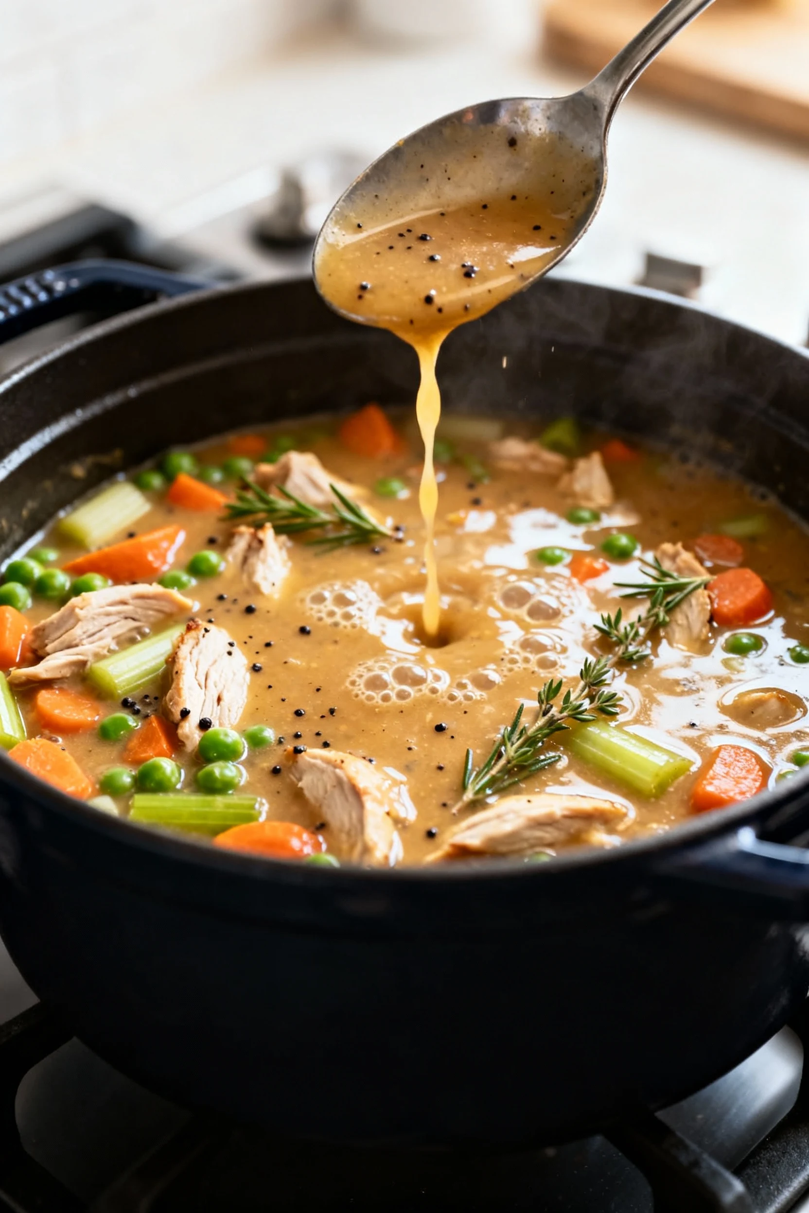 Cooking process shot: thick, glossy pot pie filling simmering in a Dutch oven—gravy holds a spoon trail—showing tender t