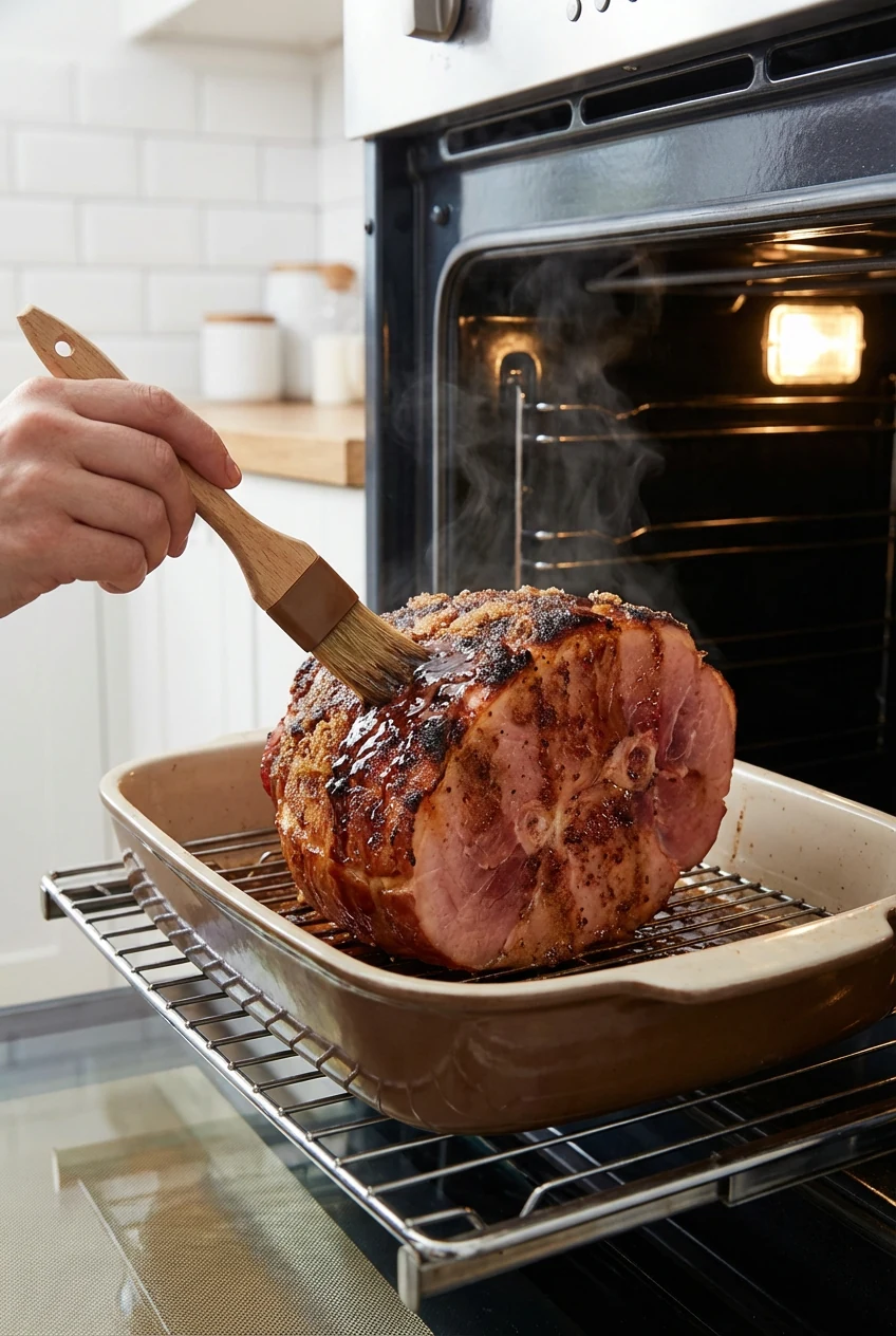 Mid-bake view of ham in oven, glaze being brushed on with a pastry brush, surface visibly glossy and bubbling, steam ris