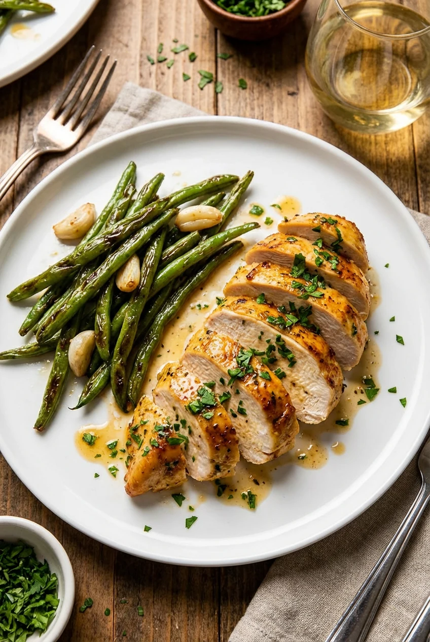 3. Final plated dish of sliced baked chicken arranged neatly on a white ceramic plate, drizzled with pan juices, sprinkl