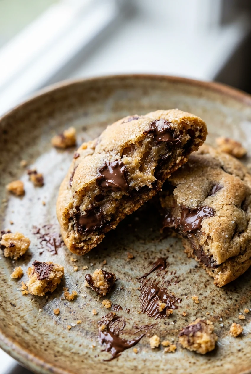 Macro detail shot of a broken cookie revealing soft interior crumb with pockets of melted dark chocolate, crumbs scatter