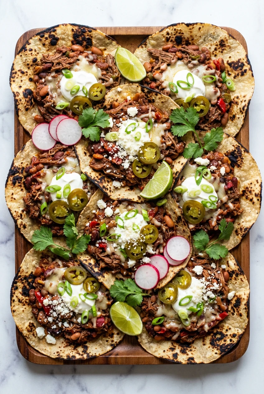 Top-down tray of charred tortillas loaded with thick crockpot filling; melted cheese, sour cream, green onions, jalapeño