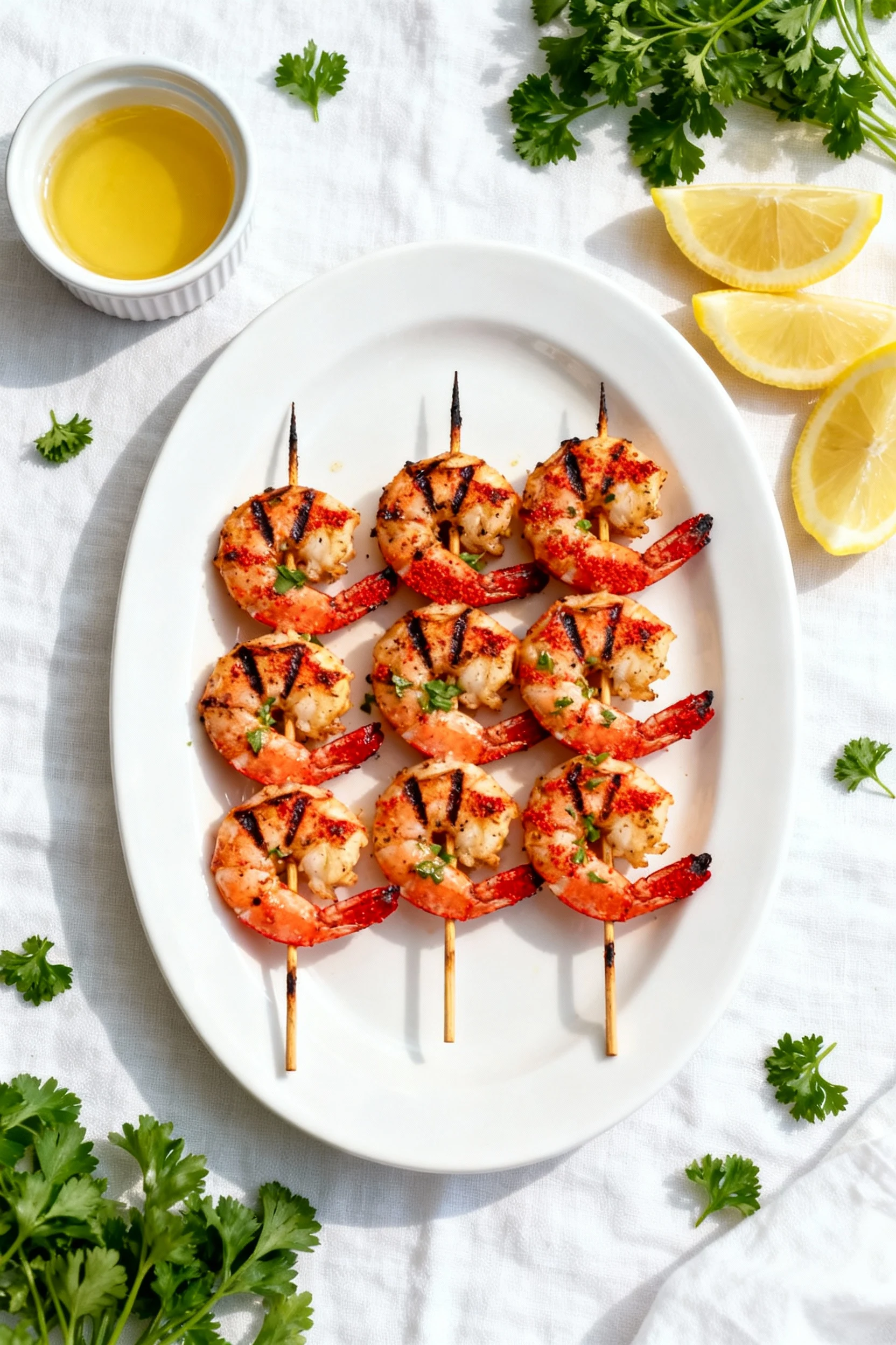 Tasty top view: overhead of white platter with lemon-garlic grilled shrimp skewers (4–6 per skewer), deep grill marks, p
