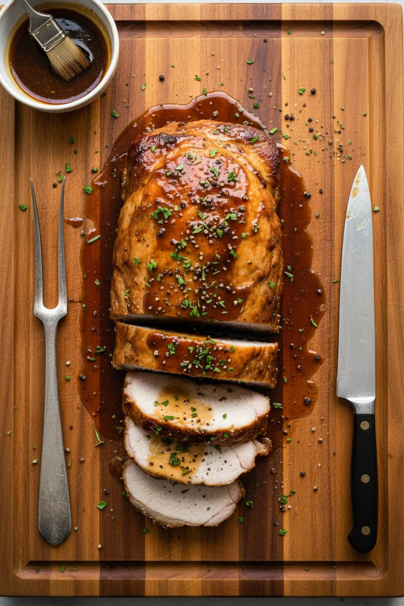 Top-down carving board scene: pork loin rested and sliced against the grain; cornstarch-thickened balsamic–soy–Dijon sau