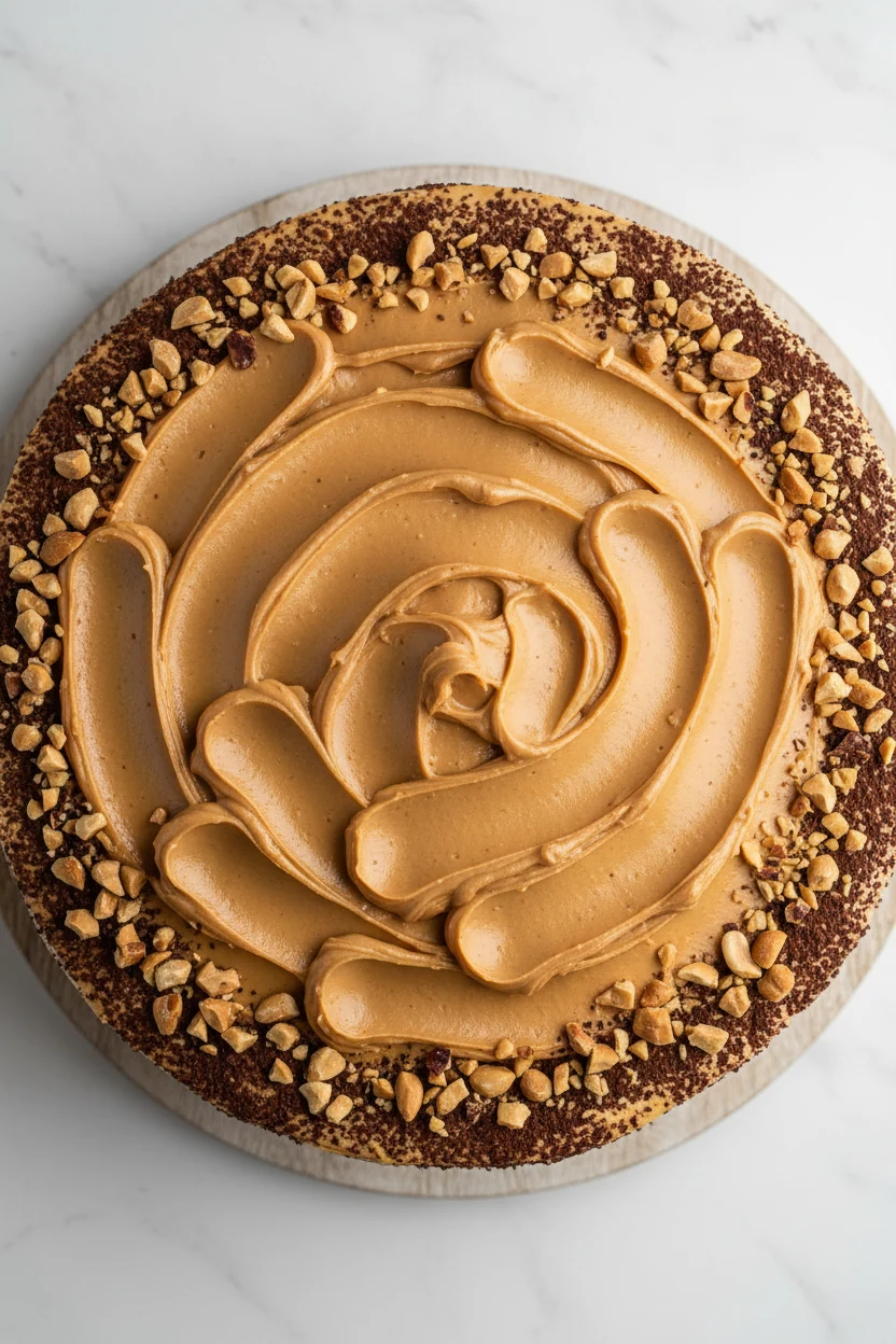 Overhead shot of a 9-inch cake topped with glossy peanut butter frosting, wide swoops and ridges, light set on the surfa