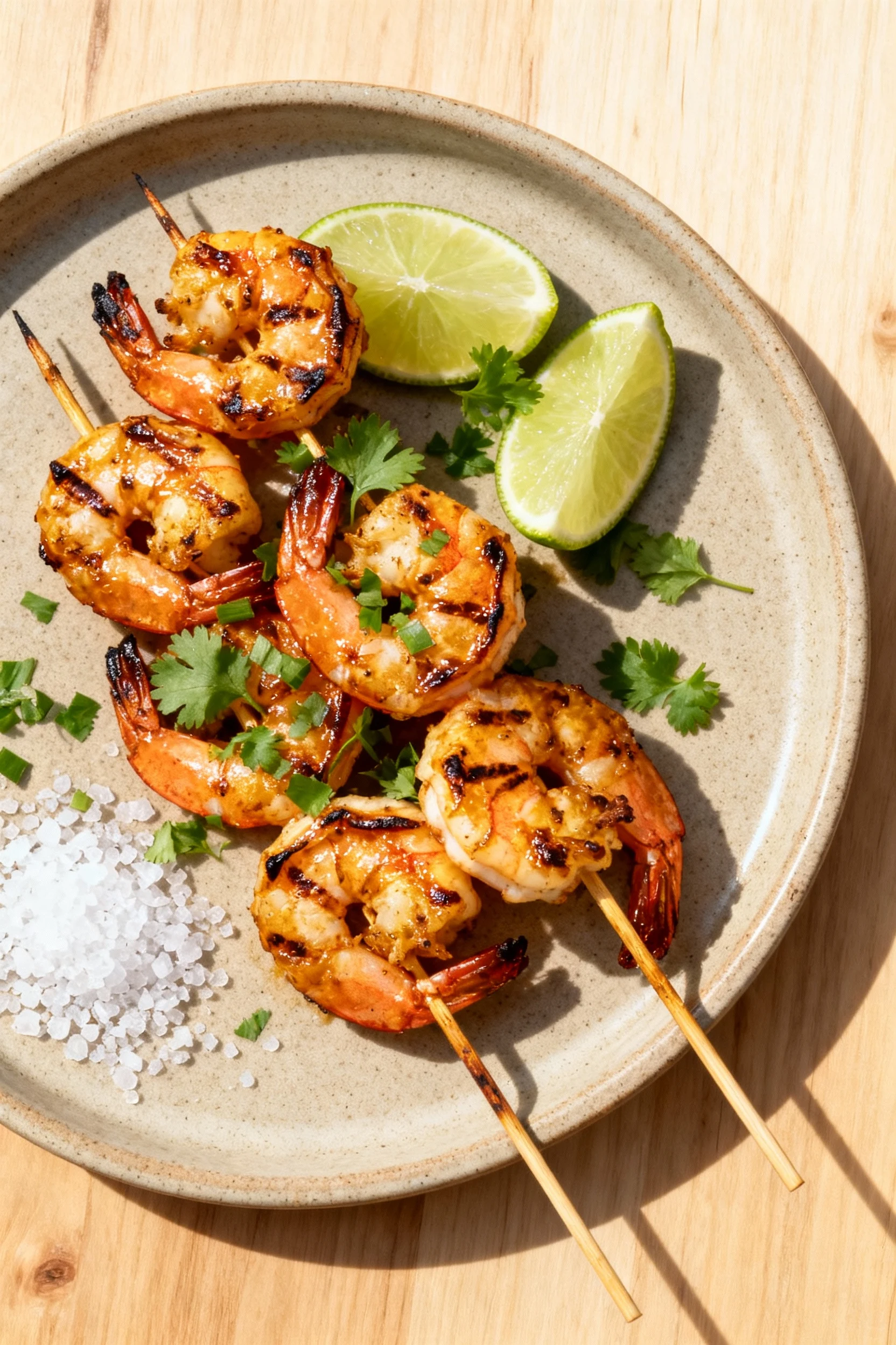 Tasty top view: overhead platter of grilled shrimp skewers sprinkled with the remaining kosher salt and chopped cilantro