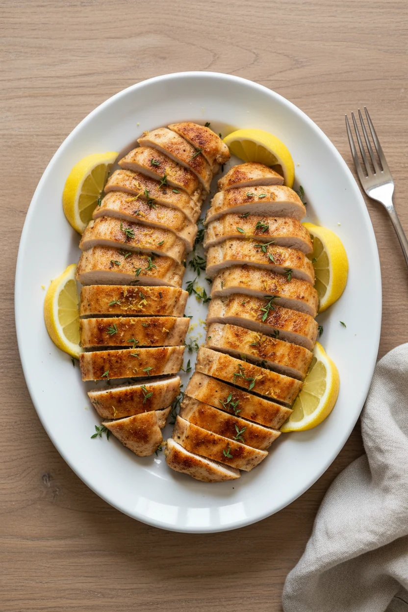 Overhead shot of air-fried chicken breasts sliced against the grain and fanned on a white platter with lemon wedges, a d