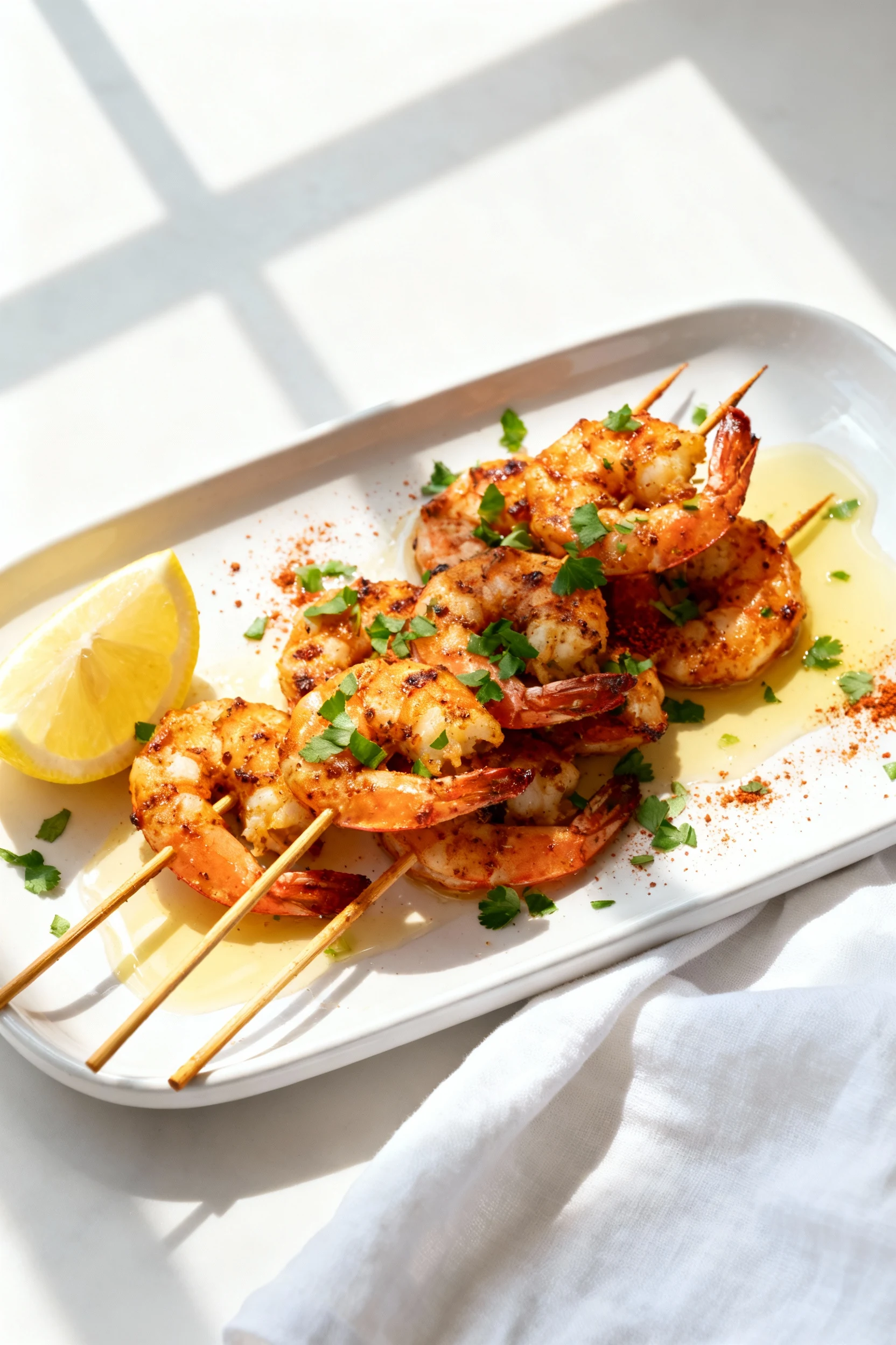 Overhead shot of Cajun grilled shrimp skewers on a white platter, sprinkled with chopped parsley and extra Cajun spice,