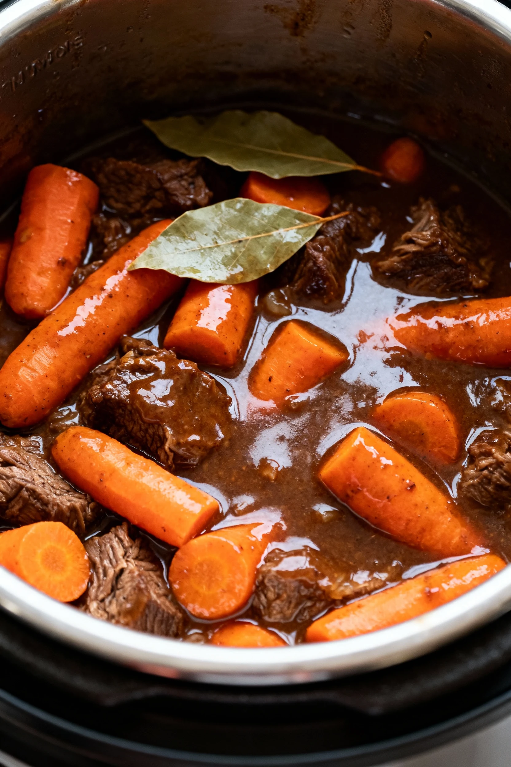 Mid-process shot of bubbling venison stew inside the Instant Pot after pressure release, showing thickened sauce coating